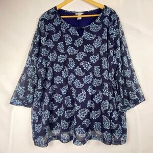 Catherines Women's Sz 2X (22-24W) Tunic blouse top Paisley Navy 3/4 Sleeve Sheer
